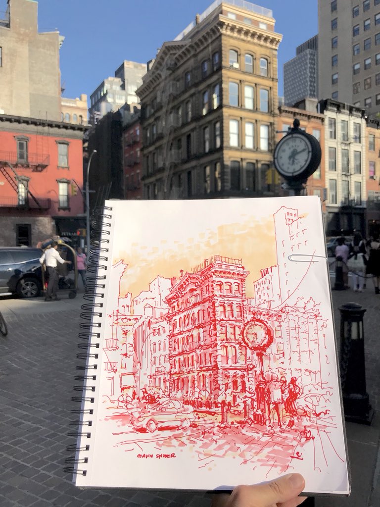 GavinSnider's tweet photo. It’s summer in the city and there’s cosplay on the corner. #DrawNYC #urbansketchers #tribeca #churchst #whitest #roxyhotel #sketchbook #bouleybotanical https://t.co/RVMXARgdSr