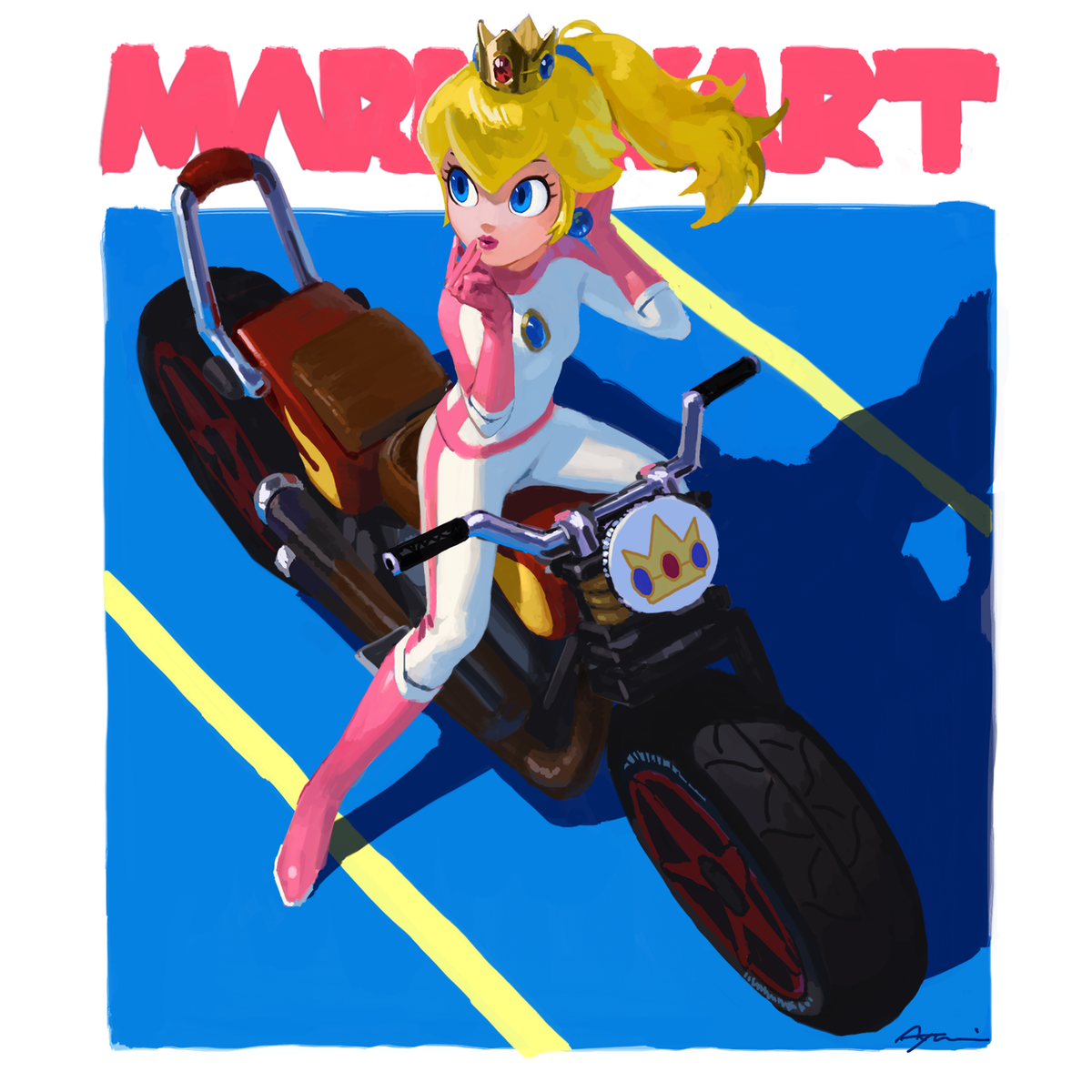 princess peach 1girl blonde hair motor vehicle bikesuit ground vehicle motorcycle crown  illustration images