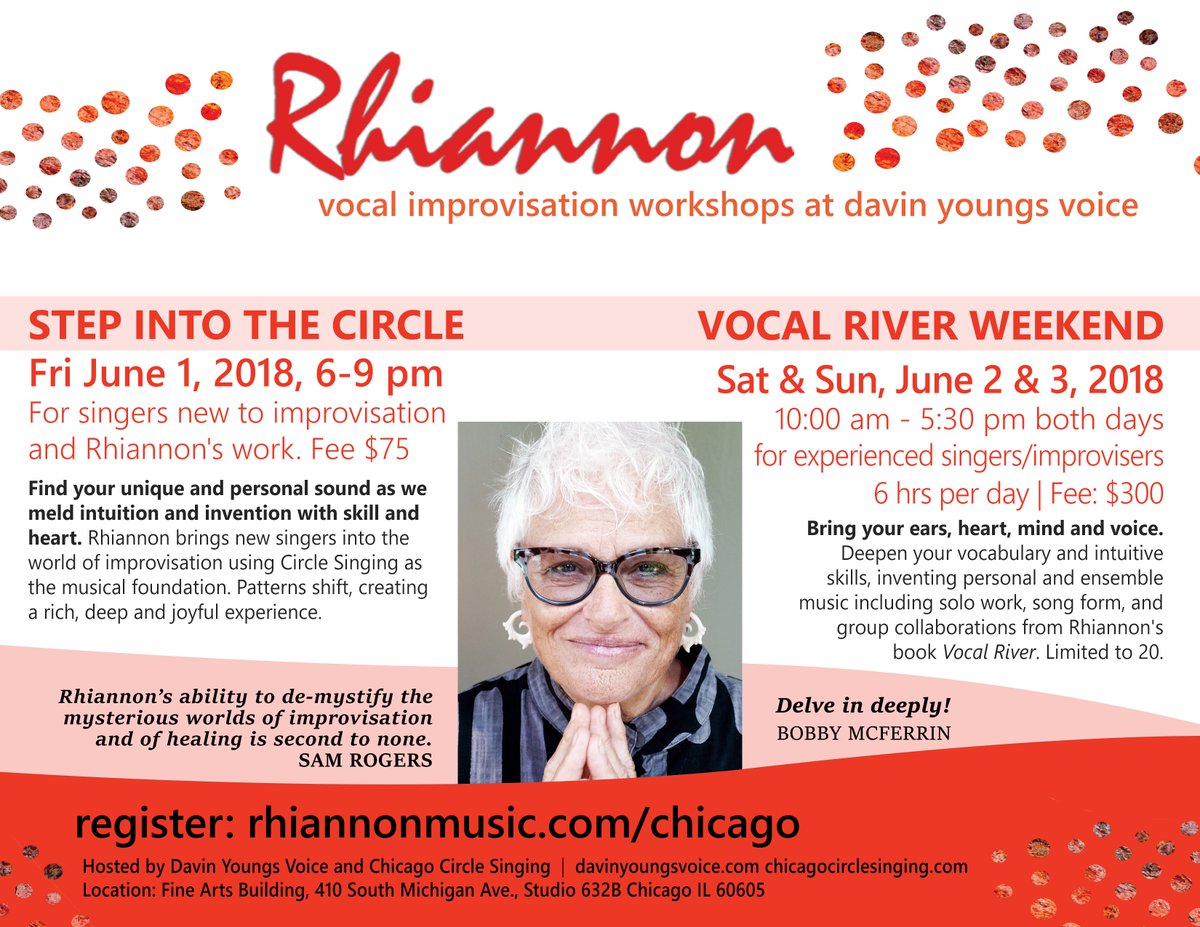 Chicago vocal workshops at Davin Youngs Voice - designed for you. Bring your ears, heart, mind and voice. June 1 - Step Into the Circle; June 2-3 - Vocal River. Dig deep. ow.ly/L7Qd30ka2An #vocalimprovisation #vocaljazz <a href="/davinyoungs/">Davin Youngs</a>
