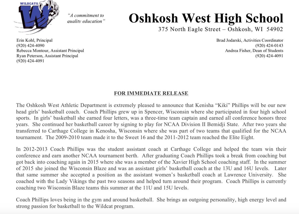 OWBCWildcats's tweet photo. OWBC is excited to welcome Kenisha "Kiki" Phillips as the next Oshkosh West head girl's varsity basketball coach! https://t.co/oYB5TUTDV8