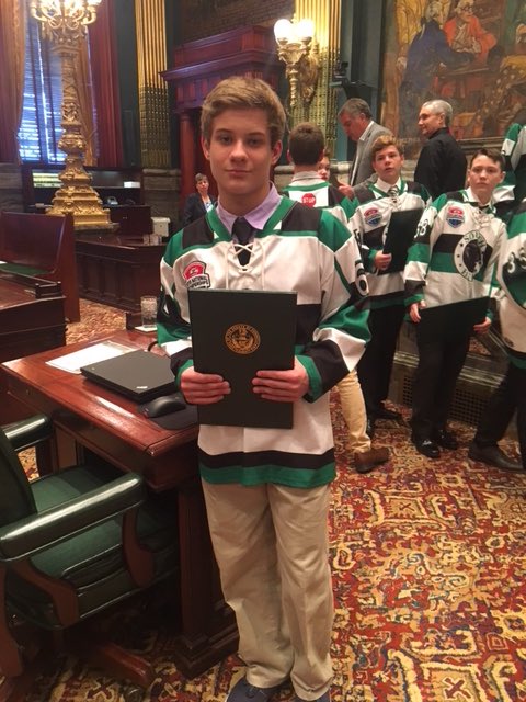 Carson Kress (soon to be a 2018 St. Gabriel Grad) received a Senate Citation in Harrisburg on May 21, 2018.Carson is a member of the 2018 SHAHA Panthers Hockey Team that won the USA Hockey National Championship in April.  The entire team enjoyed a lunch and tour of The Capitol.