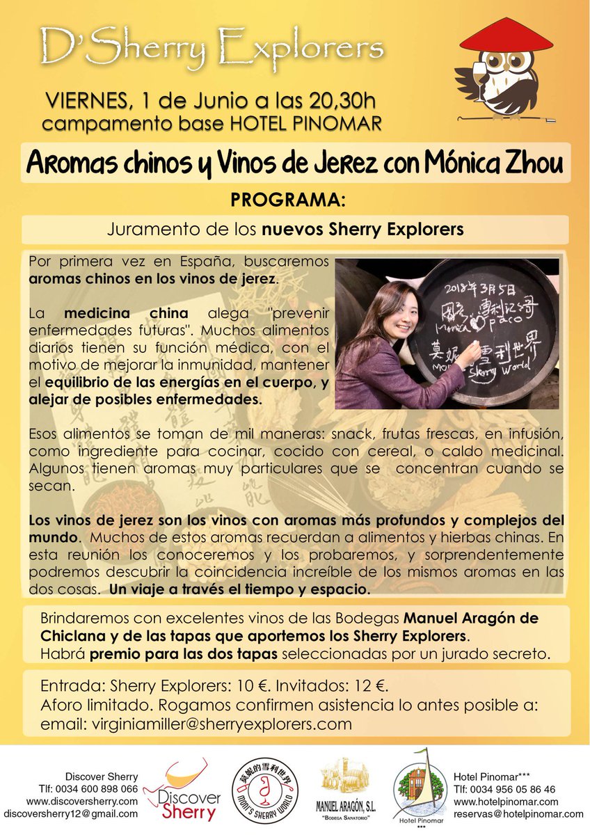 TurismoElPuerto's tweet photo. Los #SherryExplorers nos proponen para ésta ocasión aromas chinos y @VinosJerez con Mónica Zhou, el próximo viernes 1 de junio como siempre en @HotelPinomar🍇🍇🍷🍷 #ElPuerto #sherrylover #winelover #enoturismo https://t.co/FWc5IRWOCb