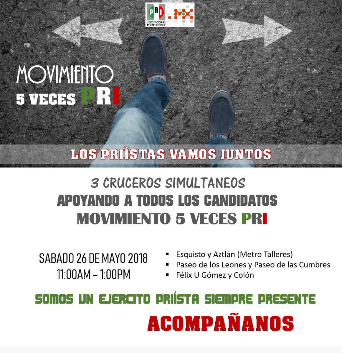 Eres priísta de corazón? tienes la camiseta puesta? Amas Monterrey? Quieres darle a tus hijos un futuro de oportunidades? 
Te esperamos hoy 26 de mayo a las 11:00 am en el Crucero que te quede mas cerca para decirle a la gente #TodosSomosPRI y #VamosAGanar #Movimiento5vecesPRI ✋