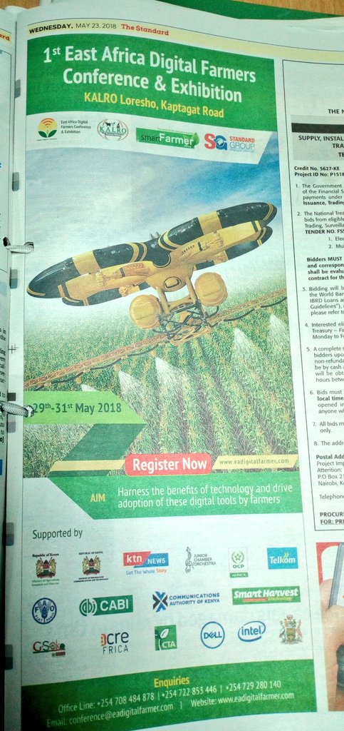shadrackagaki's tweet photo. This is an auspicious opportunity to tell the success East Africa Agriculture stories and how #AgriTechTalk can help in accelerating better farming practices. Let us join hands Next Week 29-31 May 2018 using the power of Digital platform to share our best ideas https://t.co/Hjaix2foQ8