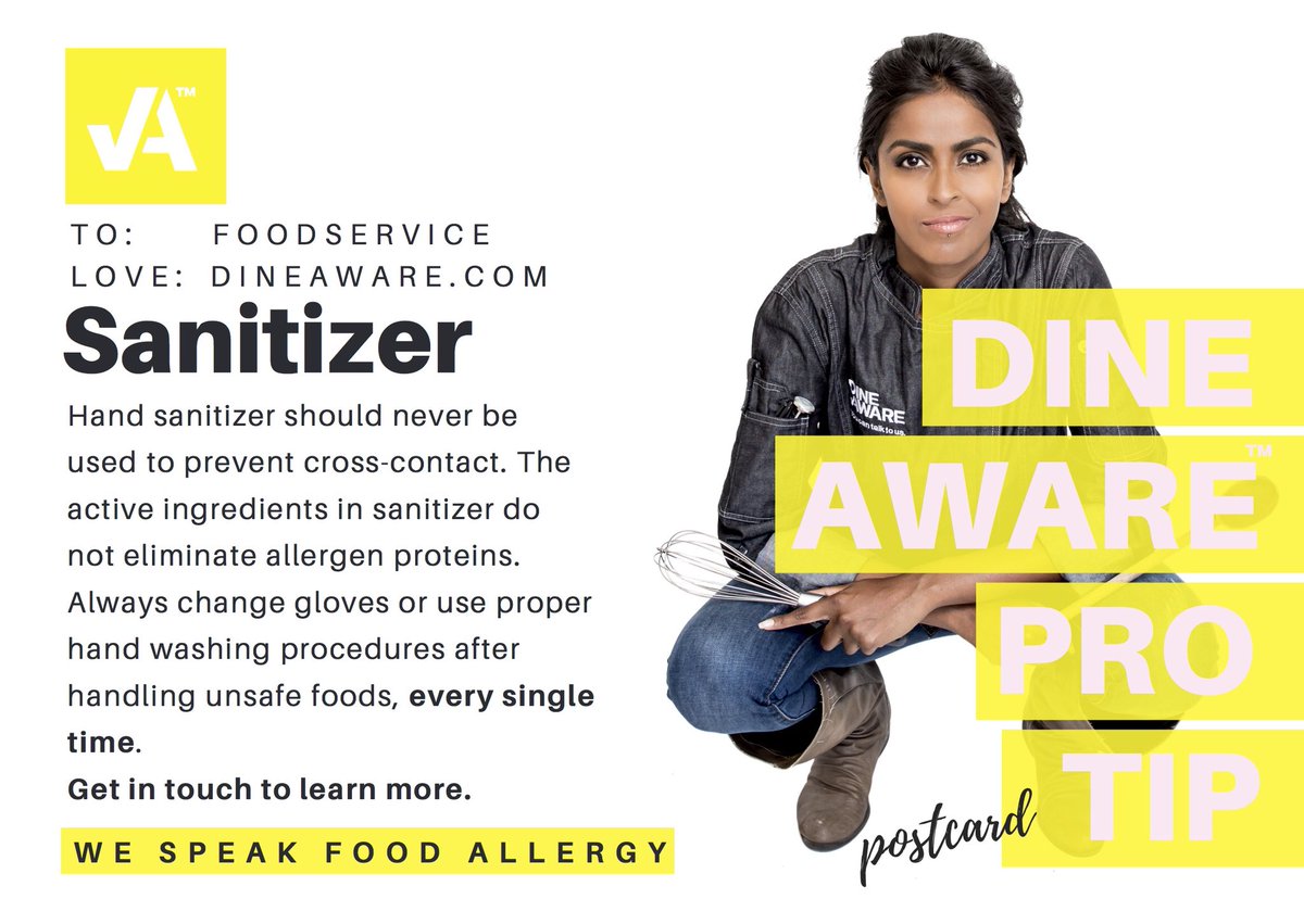 Dine Aware Pro Tip Postcard 👉👉 
.
Should you use hand sanitizer for #crosscontact prevention for #foodallergies in #foodservice
#hospitality?? 
.
#foodallergy #glutenfree #restaurants #safety #dineaware #youcantalktous