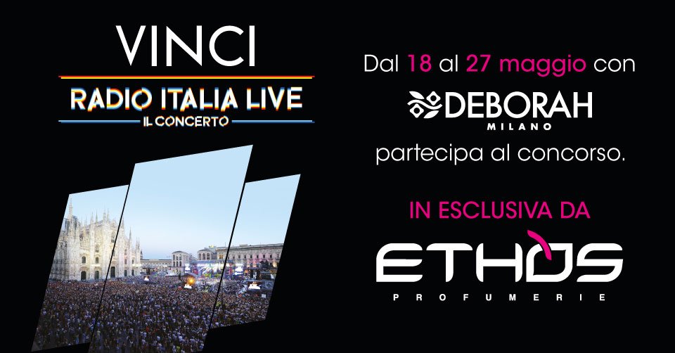 RadioItalia's tweet photo. Vuoi goderti #rilive in prima fila? Acquista da @EthosProfumerie 1 mascara o 1 eyeliner @DeborahMilano e vinci i biglietti del VIP RING di RADIO ITALIA LIVE – IL CONCERTO! Affrettati, scatena la tua passione rock! https://t.co/72rwPzIJAc
#ethosprofumerie #deborahmilano https://t.co/Vdoe4ll8lW