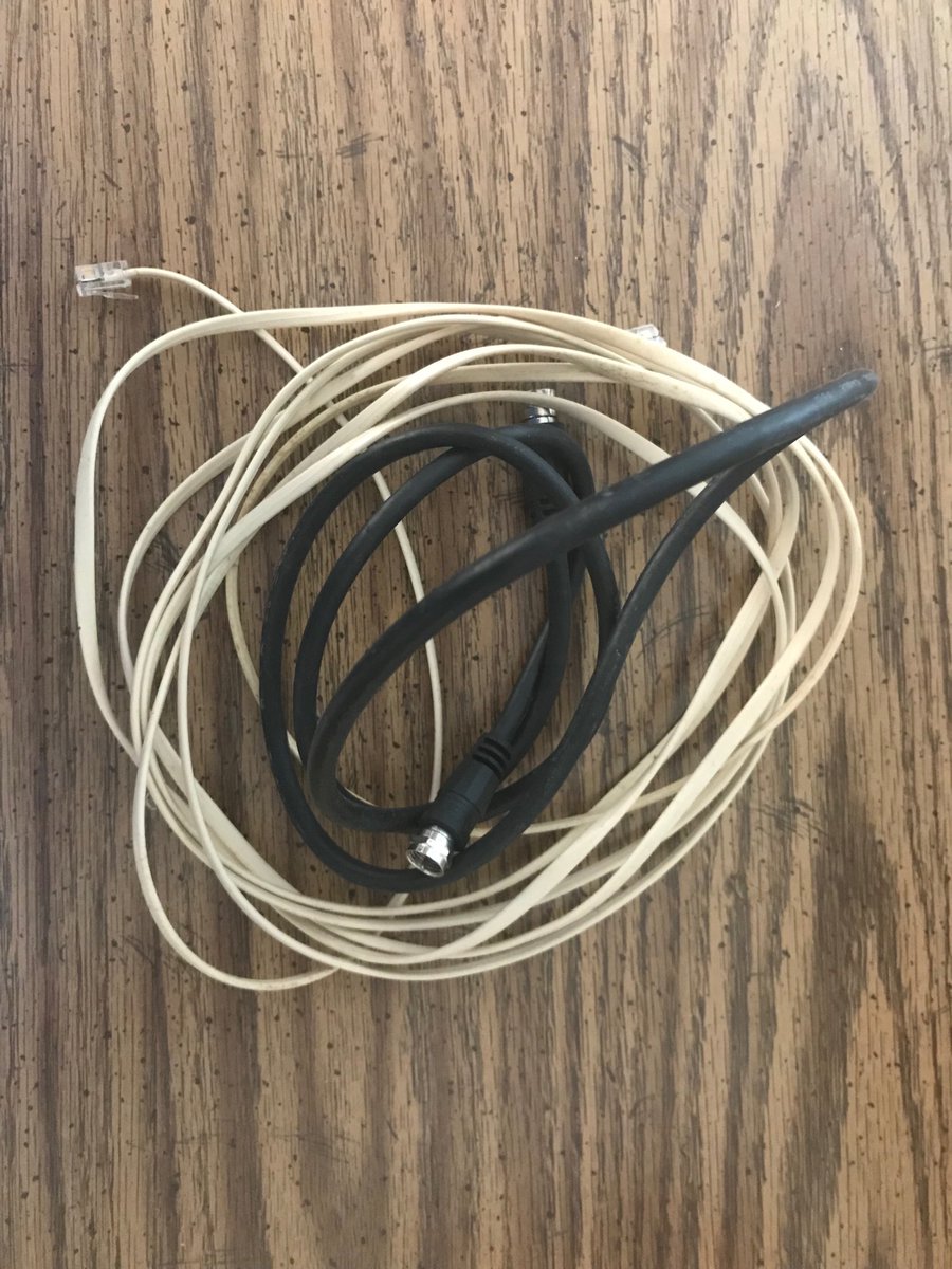 dmfitzsimmons's tweet image. Even though I already have a full box of phone cords and coax cables that haven’t been used since the final season of Seinfeld, I still have a lot of anxiety about throwing these beauties away #genxproblems