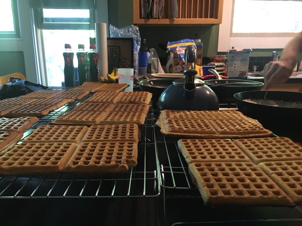 The waffles get broiled after being made to make the perfect, hardened stacking brick. Just a bunch of friends coming together to make breakfast foods in the name of GREATNESS, what a time to be alive