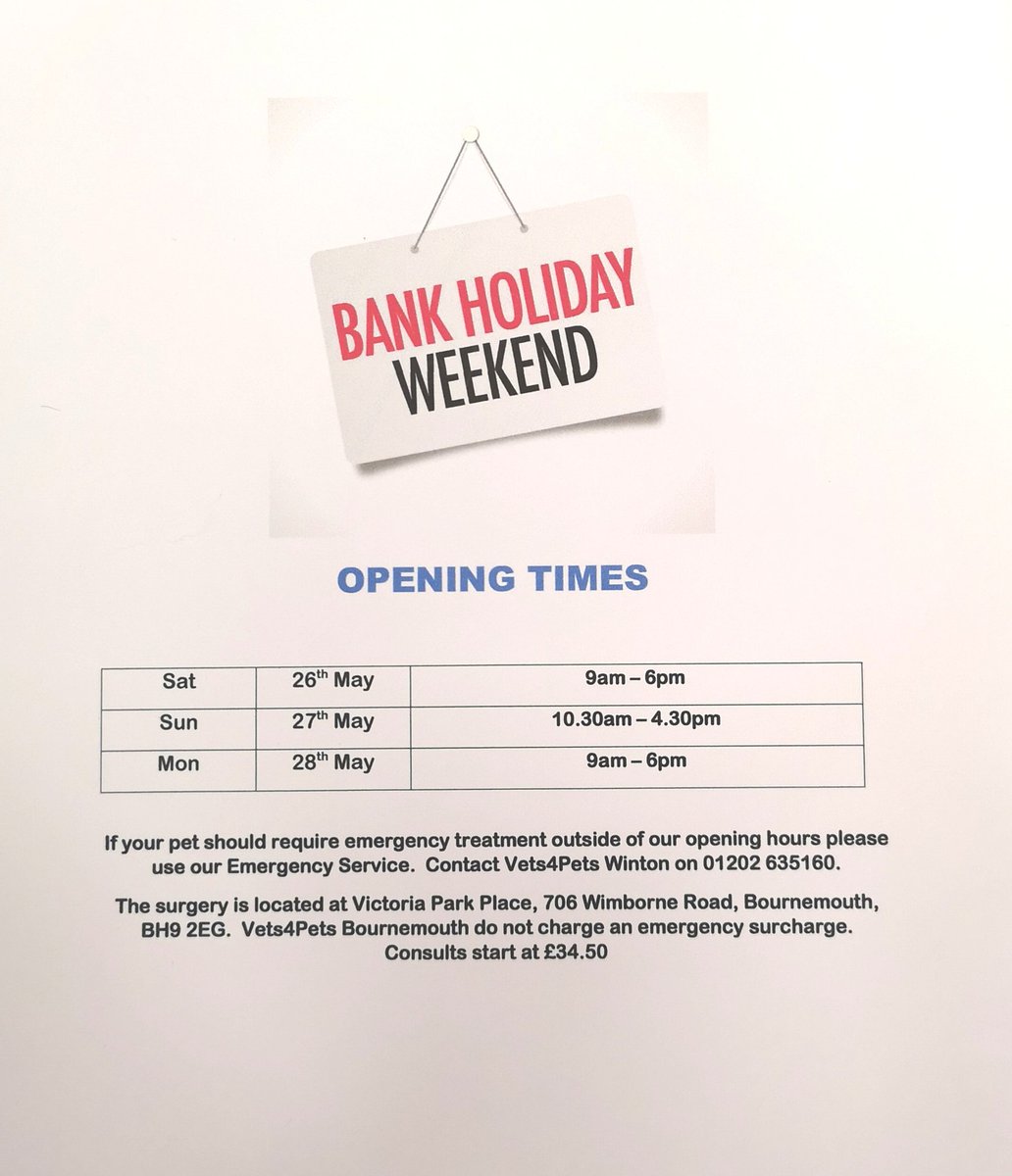 v4p_holesbay's tweet photo. 🏖️☀️Here's hoping you all have a lovely Bank Holiday weekend!! If your pet does need to be seen please check below for our holiday opening hours.☀️🏖️ #v4pholesbay #BankHolidayWeekend #willineedmyumbrella #veterinary #smallanimal https://t.co/PiZjqWfA7X