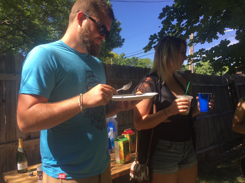 This is Jennifer Laplante and Tyler Keigan. THEY DONT KNOW ANYONE HERE, THEY JUST FOUND THE EVENT ON FACEBOOK AND WERE LIKE "heck yeah, waffles!! Let's go!!" Now they are making waffle pals!