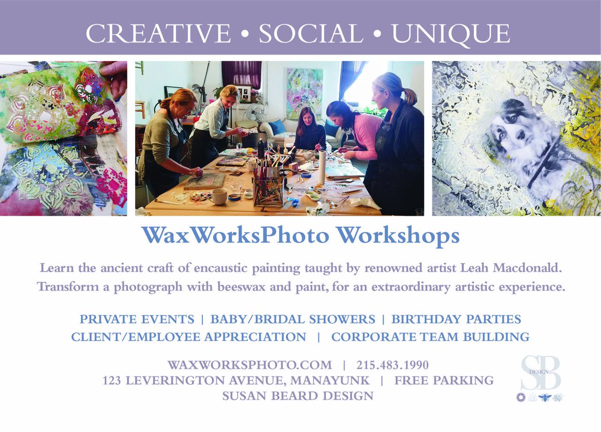 Susan Beard of SB Design is proud to share our new business!!! 
We are  now offering an unique and creative experience. Big or small groups will learn the ancient art of "ENCAUSTIC PAINTING" 
Please reach out to me and see how we can design the perfect event for you. 2154831990