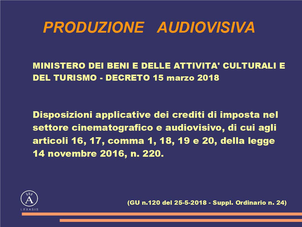 Disposizioni applicative dei crediti di imposta nel settore
cinematografico e audiovisivo
#lexasis #audiovisivo #leggecinema #produzioneaudioviviva