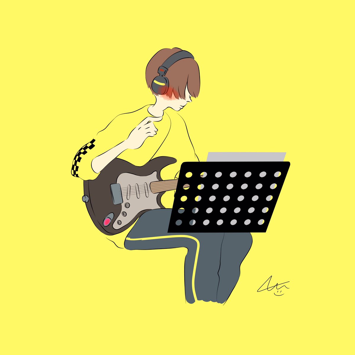solo instrument guitar headphones yellow shirt brown hair signature  illustration images