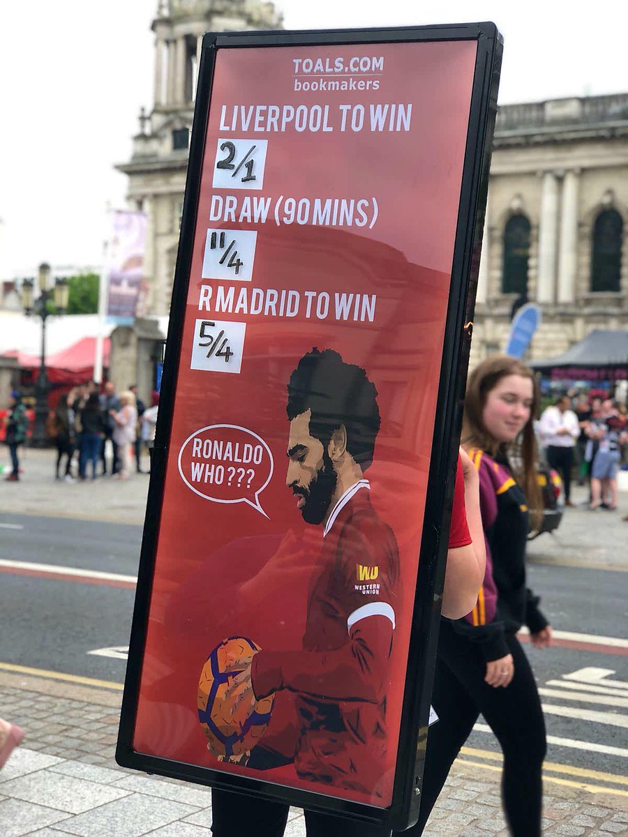 Image_Zoo's tweet photo. Not long to go until the UEFA champions league final kicks off so we've got our #AdWalker out in Belfast with the latest odds for @ToalsBookmakers - if your feeling lucky, visit a branch or go to https://t.co/fb64zqdR3w to place your bet!
#UCLfinal #streetmedia #gambleaware https://t.co/BTqfrNuMWa