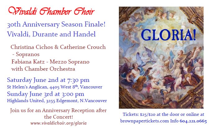 #vivalditurns30 2 opportunities to immerse y'self in baroque choral splendour! June 2nd, Sat evening at St. Helen's Anglican in Pt Grey &amp; on Sun afternoon,  June 3rd, at Highlands United in Nth Van. Tix: vivaldi30.brownpapertickets.com and …di30athighlands.brownpapertickets.com
ow.ly/6Prw30kcfws