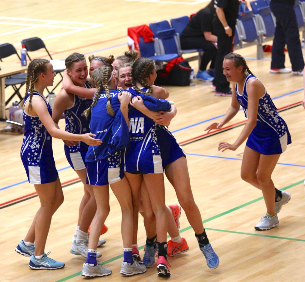 WoodleyNetball's tweet photo. What a day 😬.... 4 games 4 wins so playing off for positions 1-6 in the country tomorrow 💪. Couldn’t be more proud 💙💙💙 #lovethesegirls https://t.co/UflD68CdTT