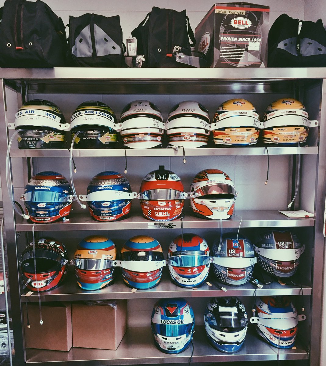 BellRacingHQ's tweet image. It’s been an incredible month already, and the Bell Racing USA team has been hard at it all day in the #IndyProShop prepping helmets for the #Indy500

A few fascinating facts grabbed our attention as the guys worked.. check out the thread for more ⬇️