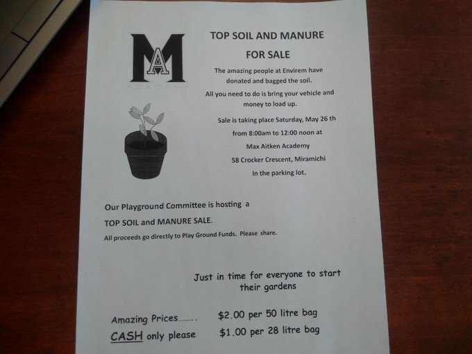 A huge shout out to <a href="/BobKielyEnvirem/">Bob Kiely</a> for donating the soil for today's fundraiser - it was a great success! #community #playground #miramichiproud