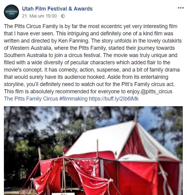 eMovieVenture's tweet photo. great review on #utah #filmfestival on fb for : "The Pitts Circus Family is by far the most eccentric yet very interesting film that I have ever seen.The movie was truly unique and filled with a wide diversity of peculiar characters which added flair to the movie's concept." https://t.co/FVRxpyT0yA