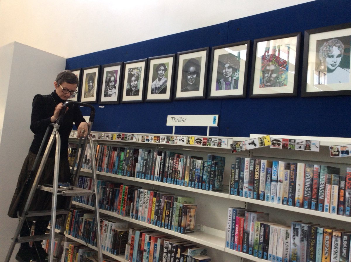 msmandymcintosh's tweet photo. Graphic artist Evy Craig's work depicting inspirational women opened today at The Tannahill library as part of #TannahillThreads walking our @processions2018 banner to Christine's door to watch new drama by Fiona Evans https://t.co/Qpp5sSfqNr