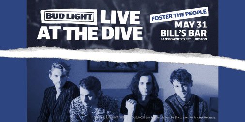 Kiss108's tweet photo. Don't miss out on @budlight Live at the Dive with @fosterthepeople + @MikeyVOnAir at @BillsBarBoston on 5/31! Win your way in by tweeting #bldive and #sweepstakes Good luck! #ad #sponsored https://t.co/39GEinq5RN