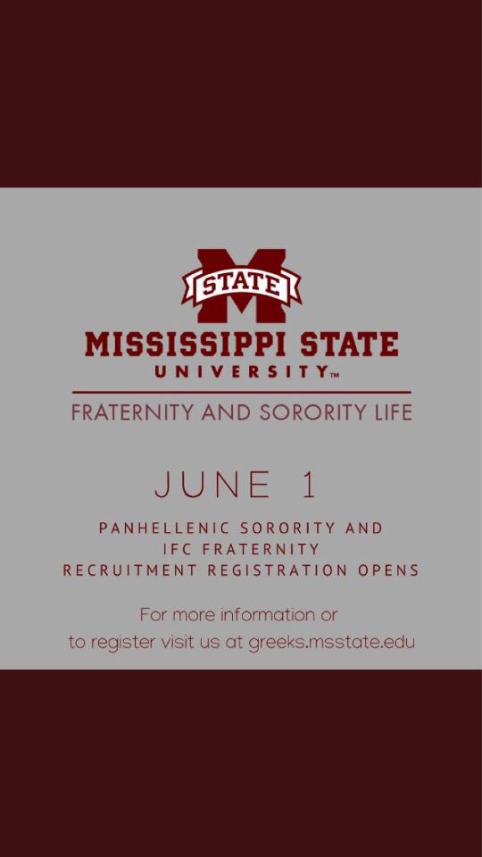 Registration for fall recruitment opens this Friday, June the 1st. To get registered, visit greeks.msstate.edu. We look forward to seeing you in August! #rushΣΧ