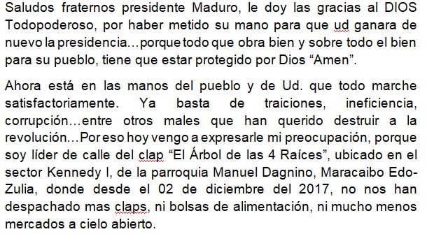 YuYaz17's tweet photo. Vengo a expresarle mi preocupación .@NicolasMaduro, porque soy líder de calle en el sector Kennedy I, de la PQ Manuel Dagnino, en Maracaibo, donde desde el 02 de diciembre del 2017, no nos han despachado claps, ni bolsas de alimentación, ni mucho menos mercados a cielo abierto. https://t.co/rwIooVCpSj