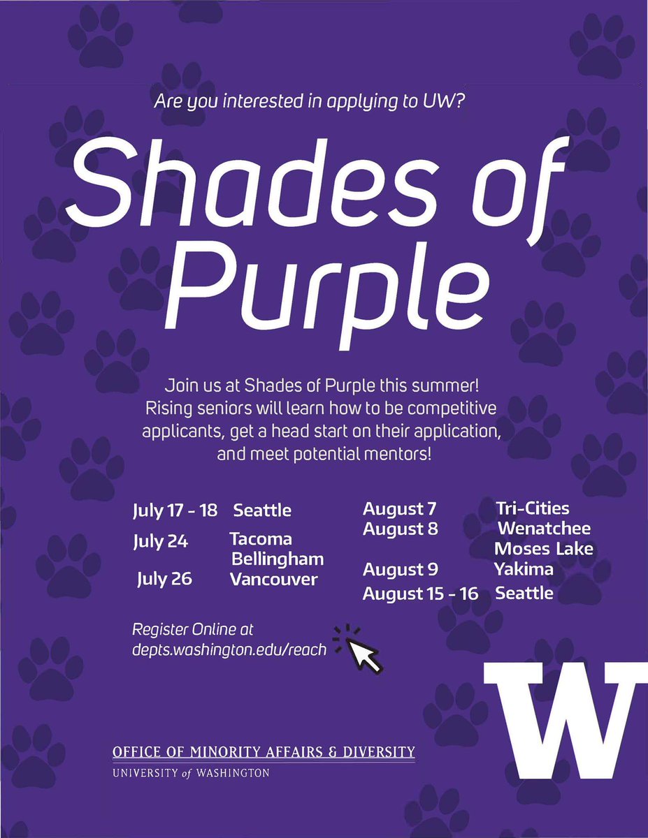 uwomadmor's tweet photo. “Shades of Purple in The Community” encourage Underrepresented Minority students to pursue higher education. Participants will meet future classmates, learn about campus programs, and discover the diversity and unity that exists within the UW community. SHARE w/ rising seniors! https://t.co/8app4VTqDp