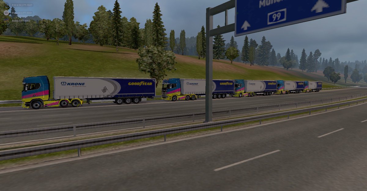 FalconTrucking's tweet photo. @FalconTrucking Weekend Convoy with Racing components trailer. #WOTRWeekend #Krone #goodyear @SCSsoftware @TruckersFM https://t.co/V9P8ACrAZF