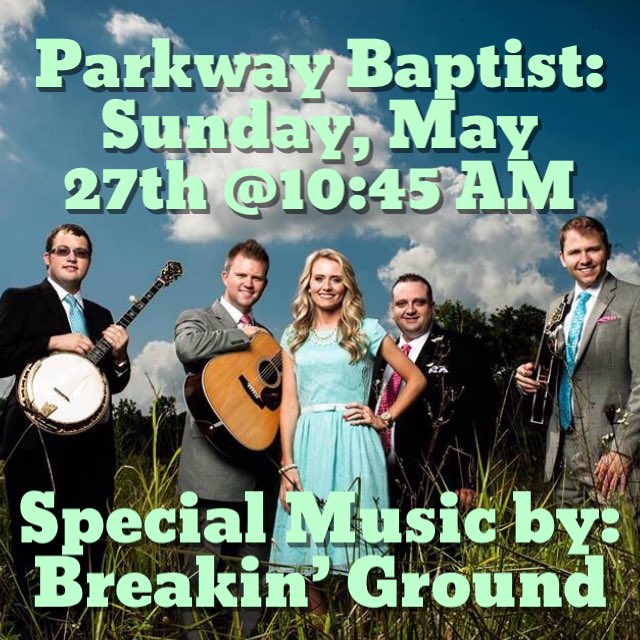David Sampson (@drdsampson) on Twitter photo Join us at Parkway Baptist for our Memorial Day weekend celebration with special music by gospel bluegrass artist, Breakin’ Ground. Sunday morning service starts at 10:45 AM. Hope to see you there.<a href="/breakin_ground/">Breakin' Ground</a> <a href="/_kelseydavis_/">Kelsey Shuler Davis</a> <a href="/jaydshuler/">Jay Shuler</a> <a href="/Jonathan__Davis/">Jonathan Davis</a> Join us at Parkway Baptist for our Memorial Day weekend celebration with special music by gospel bluegrass artist, Breakin’ Ground. Sunday morning service starts at 10:45 AM. Hope to see you there.<a href="/breakin_ground/">Breakin' Ground</a> <a href="/_kelseydavis_/">Kelsey Shuler Davis</a> <a href="/jaydshuler/">Jay Shuler</a> <a href="/Jonathan__Davis/">Jonathan Davis</a>