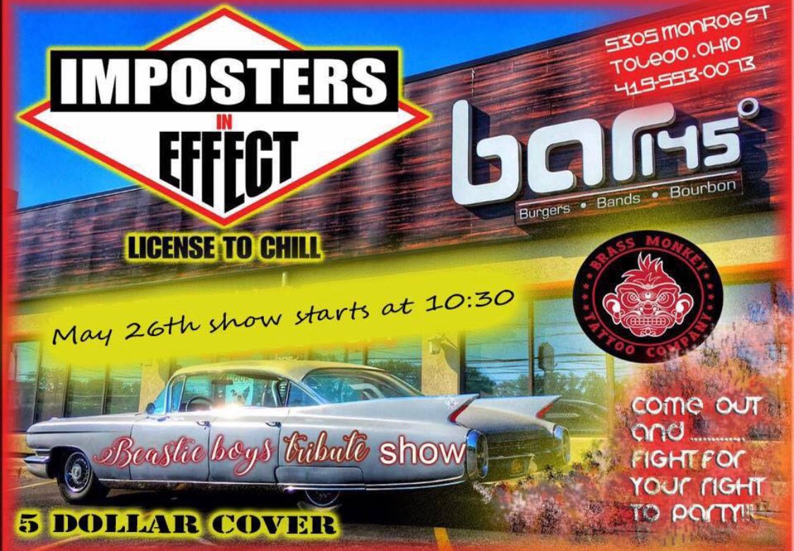 Live tonight at 10:30pm!! IMPOSTERS IN EFFECT (the ultimate beastie boys tribute) takes the stage for the areas best Memorial Day Weekend Party! #bar145 #bar145toledo #impostersineffect <a href="/beastieboys/">Beastie Boys</a>
