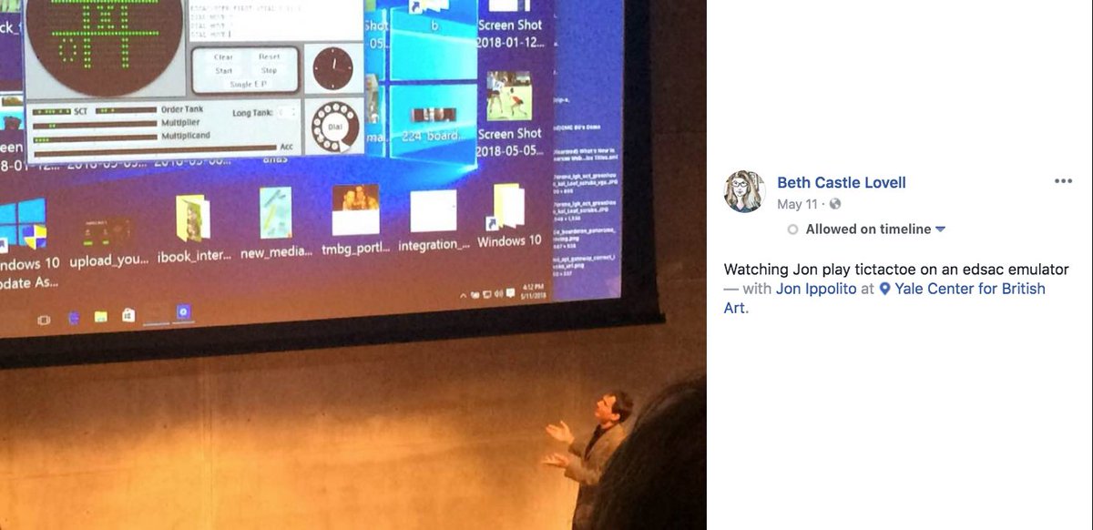 jonippolito's tweet photo. Ever run an emulator inside another emulator? EDSAC inside Windows inside Mac OS, spanning 70 years of computing history. HT @bethlovell from my #IsThisPermanence keynote at Yale #DigitalPreservation https://t.co/XGjB2dcEqo