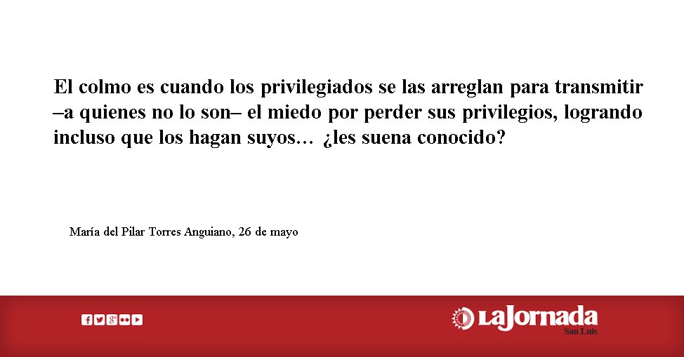 JornadaSanLuis's tweet photo. Origen, destino y exclusión: artículo de #PilarTorres Anguiano @vasconceliana : “Lo verdaderamente grave se da cuando la exclusión se normaliza, de manera que los dominados aprenden a pensar…” https://t.co/iMMNLAQM4h https://t.co/ifx8d04oOt