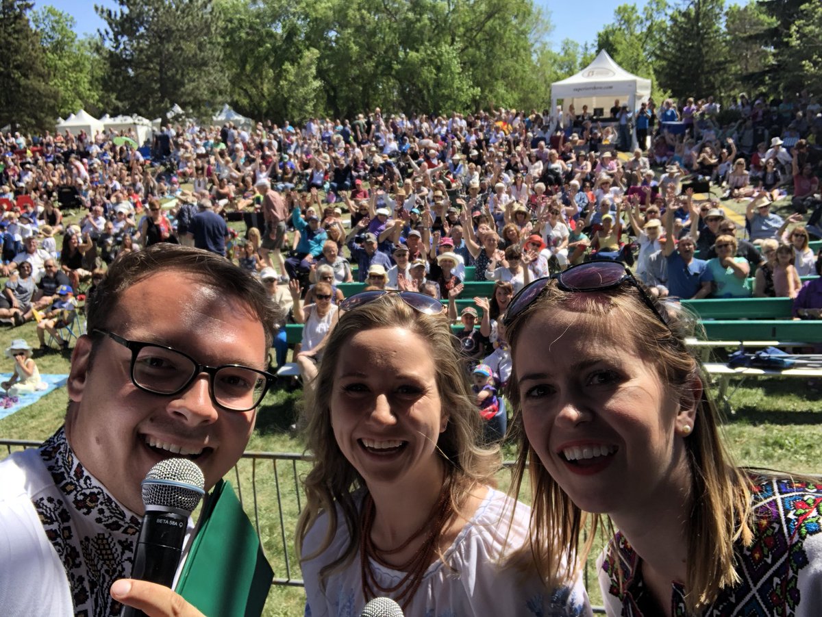 UFestyeg's tweet photo. The #ufestyeg crowd is looking great! #Selfie from the stage with our MC’s Olesia, Katrusia, &amp; Adrian! https://t.co/G4n32nIzfE