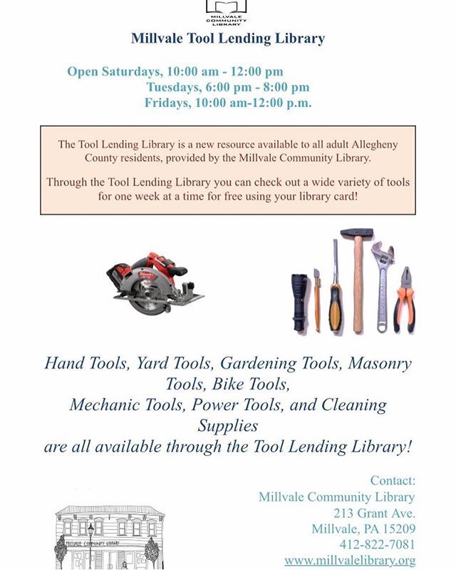 MillvaleLibrary's tweet photo. Join us next Saturday at 1 for the grand opening of our #toollendinglibrary #toollending #millvale #tools https://t.co/FppeU7nHVP https://t.co/5jFD9vdBAS