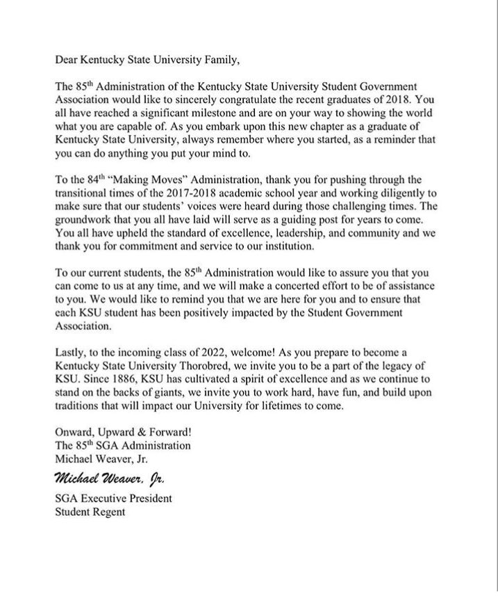 KYSU_CampusLife's tweet photo. A letter from the 85th Administration of the Student Government Association at Kentucky State University #KSUForward 🐎 https://t.co/TJAbiTlFyh