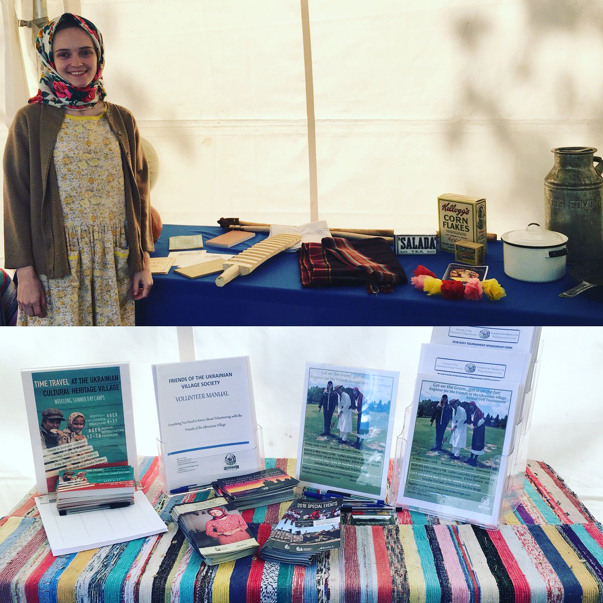 FOUVS's tweet photo. Ask us about our artifacts! Find out more info on volunteer opportunities and our upcoming golf tournament on June 1.  Enjoy the sunshine and the first annual #ufestyeg! #Ukrainianvillage #yeg https://t.co/bSl6WVgkFL