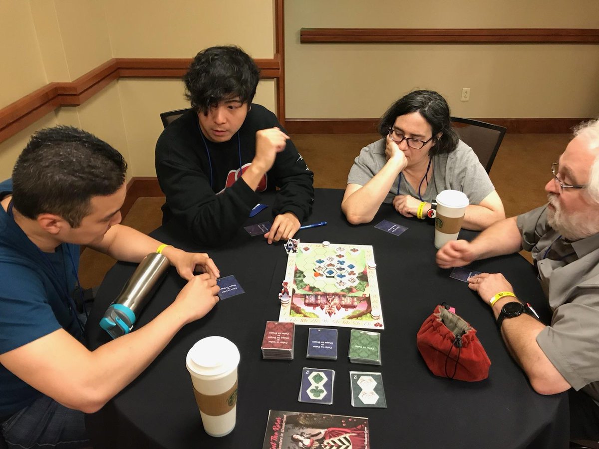 NorthStarGames's tweet photo. Here is a playtest of "Paint the Roses" a new game we are planning for next year. It a co-op, Alice in wonderland themed deduction game, and being tested at #BGGSpring2018 @BoardGameGeek https://t.co/TmxGx4OROL