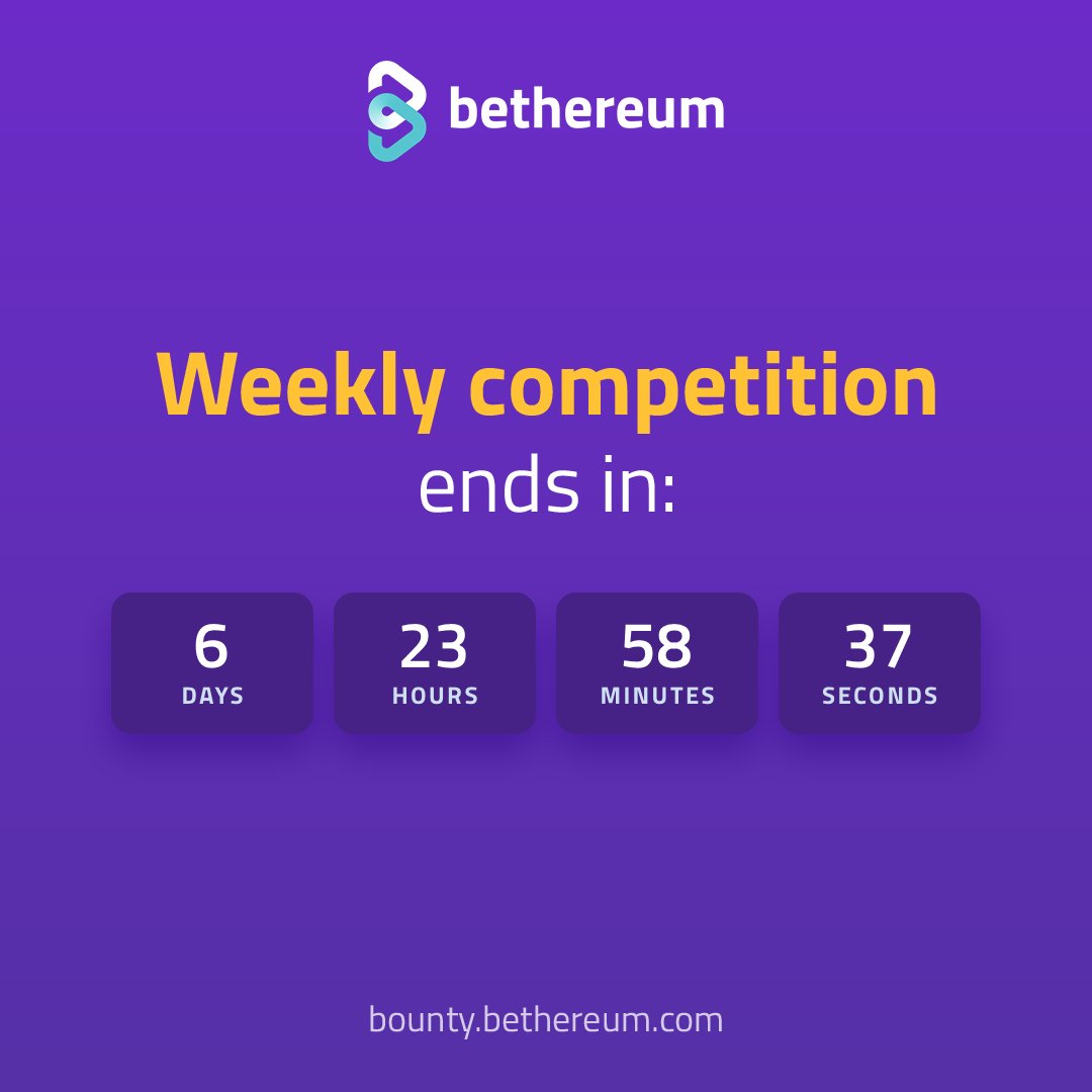 bethereumteam's tweet photo. ‼️NEW WEEKLY COMPETITION‼️
Place in the top 7000 on the weekly leaderboard to win #Bether #tokens and tickets for the final #lottery. The more tickets you win, the greater your chances for a massive lottery #prize!

Find out more at https://t.co/fPfyVei1Rr
#BETHEREUM https://t.co/ER48Td7u8S