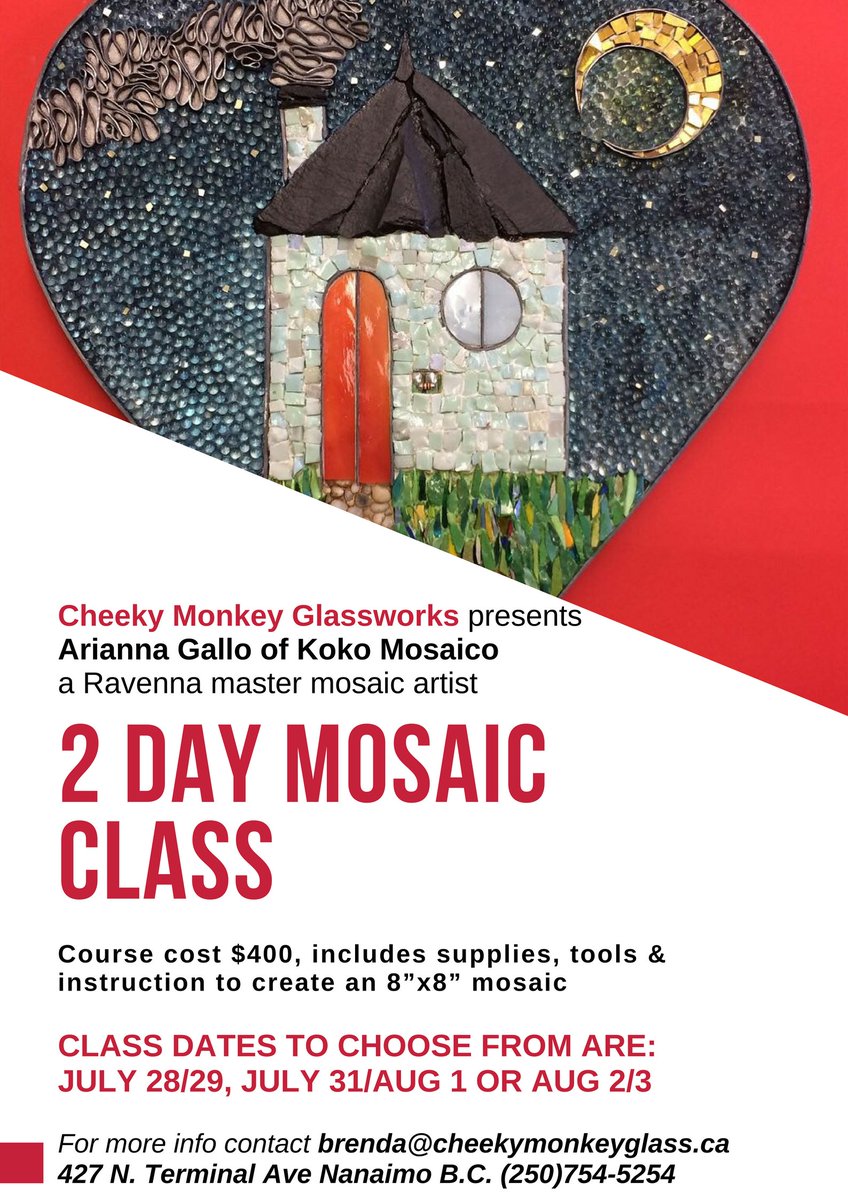 CheekyMonkeyGLS's tweet photo. Only a few seats left, contact us soon if you’ve been thinking about taking Arianna’s mosaic class. #nanaimo #vancouverisland #mosaicclass #artclass #ravenna #ariannagallo #kokomosaico #glassclass https://t.co/MeVDDqU3nz