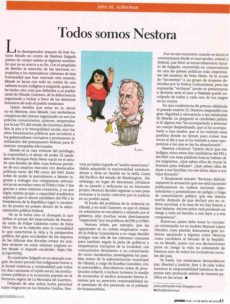 JohnMAckerman's tweet photo. "TODOS SOMOS NESTORA"
Mi columna mañana en @revistaproceso sobre @nestora_salgado @NestoraTeamMx https://t.co/jzogsRItak