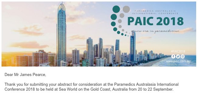 James_W_Pearce's tweet photo. Just submitted my abstract for #PAIC2018 - hoping to present my research findings with @AusParamedics in September on the Gold Coast! Fellow researchers - you've got till midnight tonight Sunday May 27http://www.paic.com.au/program-abstracts https://t.co/ykkycS8KAZ