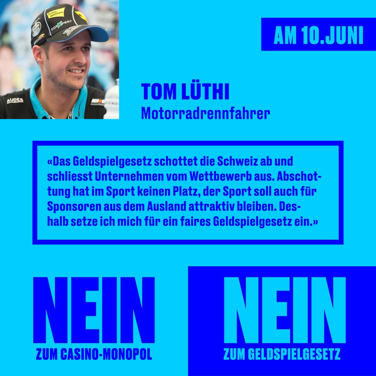 Der erfolgreichste Schweizer Motorradrennfahrer Tom Lüthi wehrt sich gegen das #Geldspielgesetz. Ein Nein ermöglicht ein besseres Gesetz das internationale Anbieter in der Schweiz reguliert, besteuert und so mehr Geld in die Schweiz bringt.