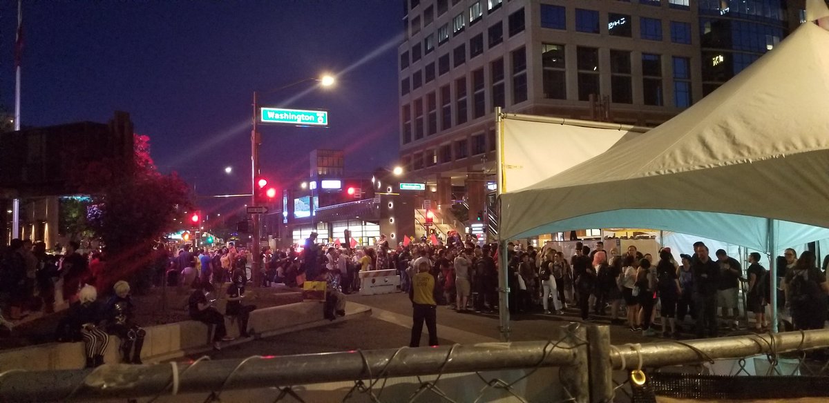 Huge crowds forming outside. We are stuck in the area between north and west buildings that is after security check <a href="/tnc_wrapup/">TNC.Network!</a> #PhoenixComicFest #phoenixcomicfest2018