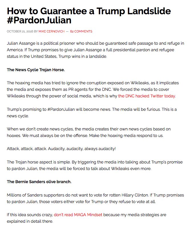 conspirator0's tweet photo. There are rumors floating around that Assange may soon get kicked out the embassy. If so, and if he's extradited to the USA and faces federal charges, this now-deleted blog post from 19 days before the 2016 election seems like an eerily prescient piece of legal advice. https://t.co/mbB7YuMmXZ