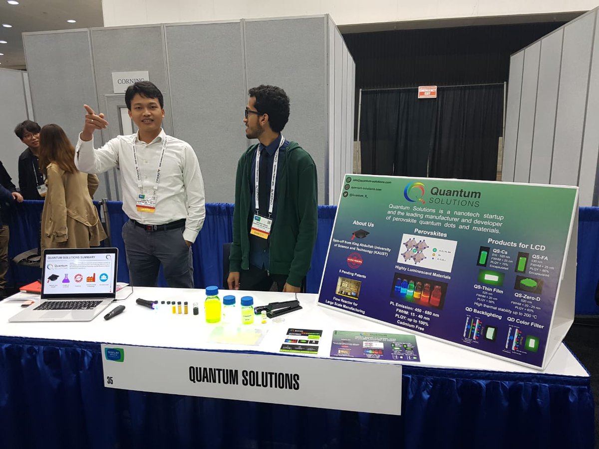 QUANTUM SOLUTIONS exhibited brand new products for LCD: Perovskite Quantum Dots, to make displays more colorful. Several hundreds attendees of our booth during #DisplayWeek18 in Los Angeles, new contacts, new partners and potential customers @Quantum_S_ @DisplayWeek #QuantumDots