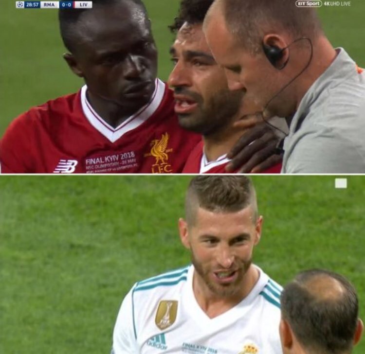 acrossthepond's tweet photo. If you search the word “Ramos” on Twitter, you’ll find:

- him taking down Mo Salah
- him laughing as Salah walks off
- him bodying Karius
- him diving against Mane

But please, tell us again how he’s not dirty. #UCLFinal https://t.co/lB7Mpk5zFr