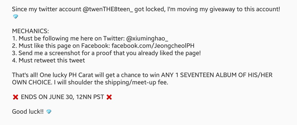 Mini giveaway for Jeongcheoldren!! My account twenTHE8teen_ got locked so I'm moving my giveaway to this account!! PH Carats are open to join! Just follow the mechanics on the picture. Good luck. 