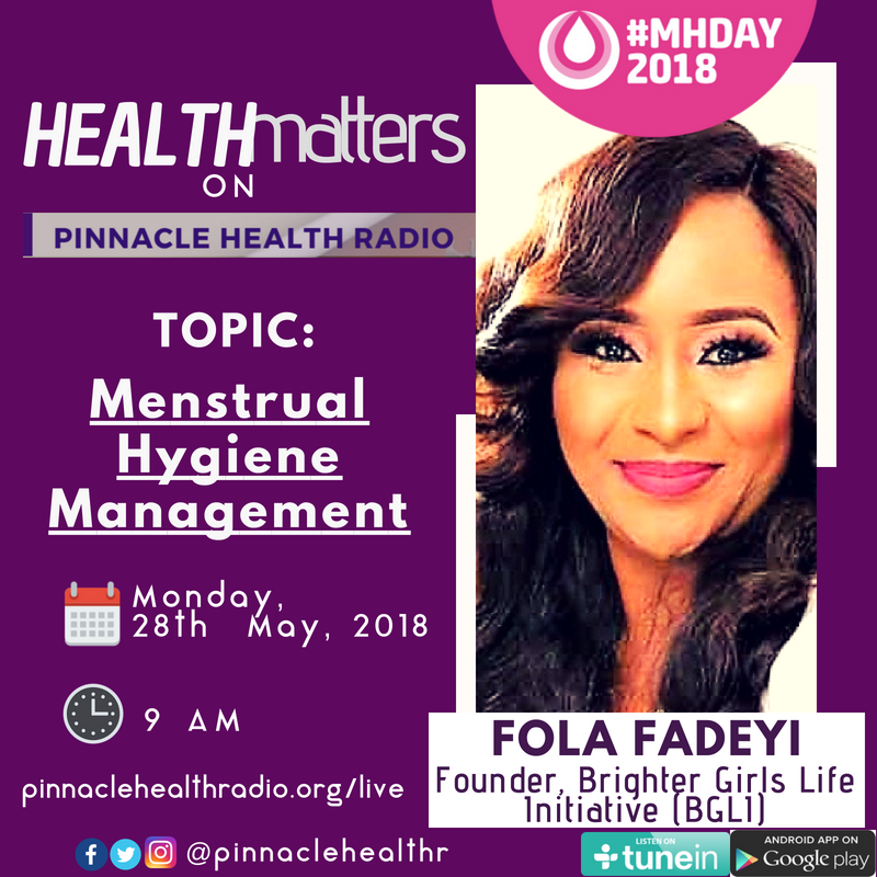 pinnaclehealthr's tweet photo. Fola Fadeyi join us on Monday 28 as we raises awareness of the challenges women and girls worldwide face due to their menstruation and highlights solutions that address these challenges. #NoMoreLimits #MHDay2018 #girls #menstruation #women #Period @WASHUnited @Always #Hmatters https://t.co/lBlUWgFKE5