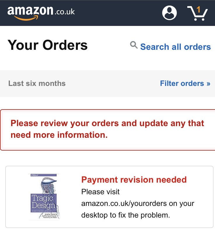 annahyphenkay's tweet photo. how ironic to see an error message telling me - “please fix the problem encountered on your mobile by using a desktop” when purchasing the book #tragicdesign - “The Impact of Bad Product Design and How to Fix It” #uxfail https://t.co/V8pUPOuOSJ